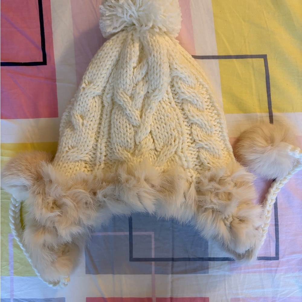 Fluffy White and Cream Knit Pom-Pom Hat